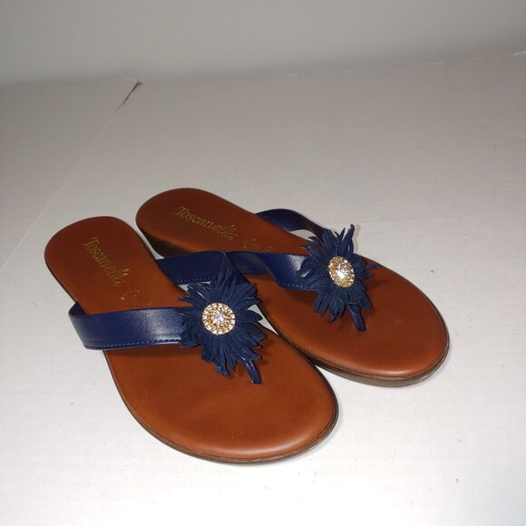 Toscanella Leather Embellished Leather Thong Fringed Sandals Sz 9 1/2 Navy Blue - Picture 1 of 8